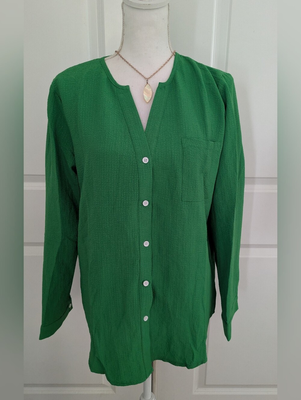 NWT Ekouaer Kelly Green Crinkle Textured Blouse Size L V-Neck Long Sleeve Top